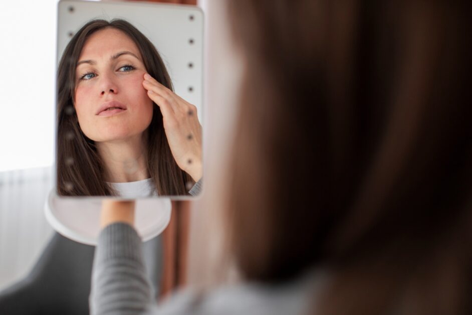 Mulher se olha no espelho