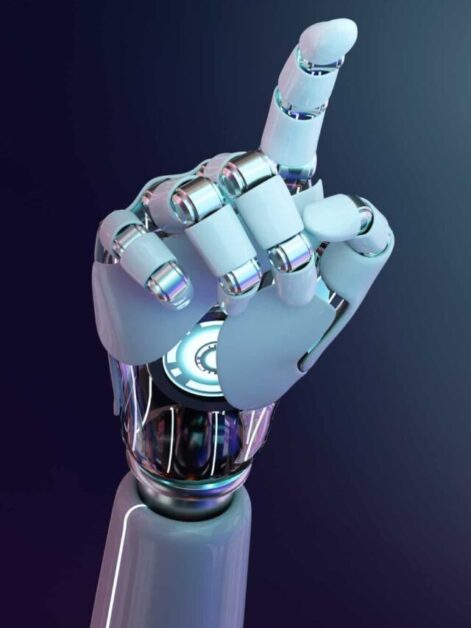 Mão de robô aponta pra inteligência artificial do Google, o BARD