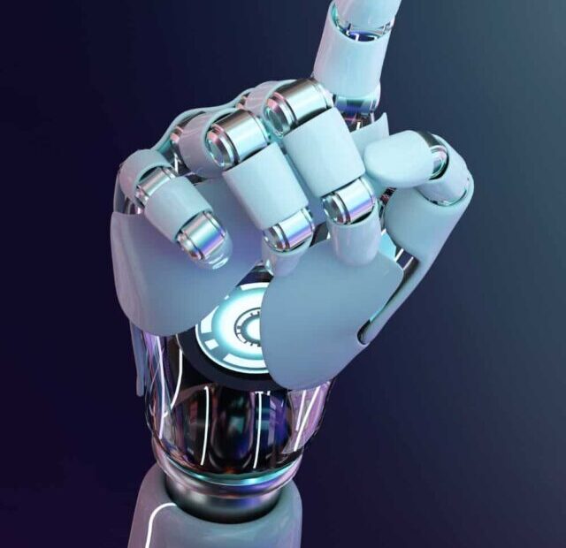 Mão de robô aponta pra inteligência artificial do Google, o BARD
