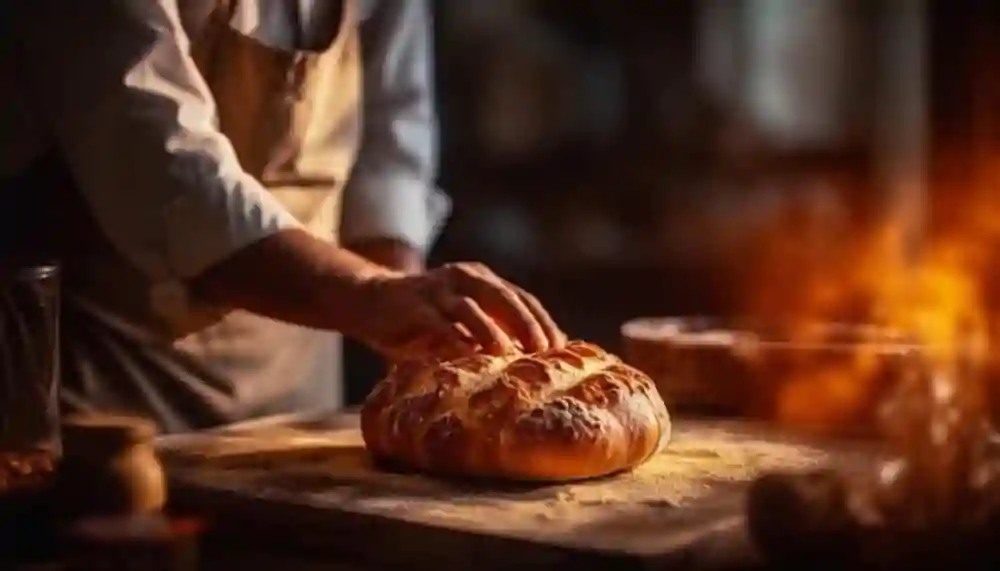 Padeiro prepara a massa do pão com farinha de trigo.