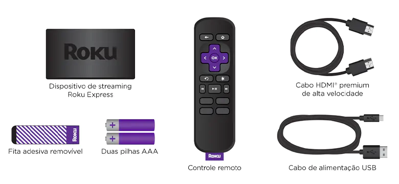 Vale a pena comprar o Roku Express? Roku ExpressControle remoto infravermelho2 baterias AAAAdaptador de tomadaCabo HDMI de alta velocidadeCabo USB