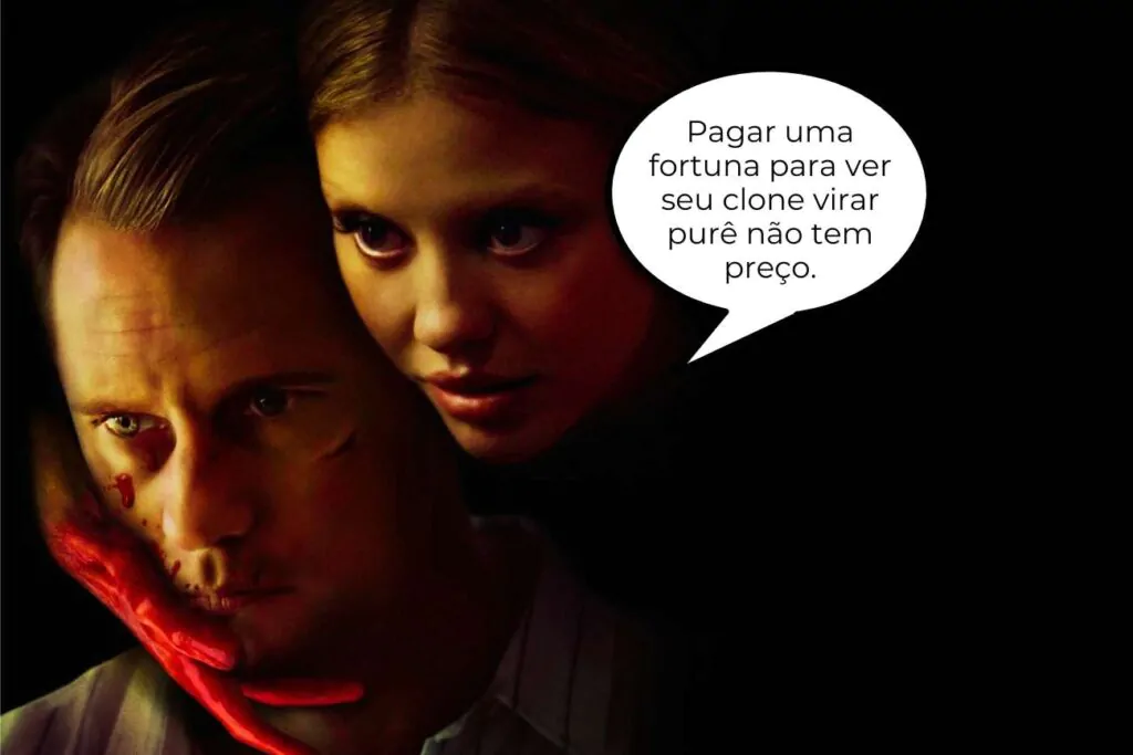 Piscina Infinita: James é humano ou clone? Atriz Mia Goth na personagem de Gabi Bauer; Alexander Skarsgård no personagem de James Foster. Filme Piscina Infinita Final Explicado para a Revista de Entretenimento Blog da Monique